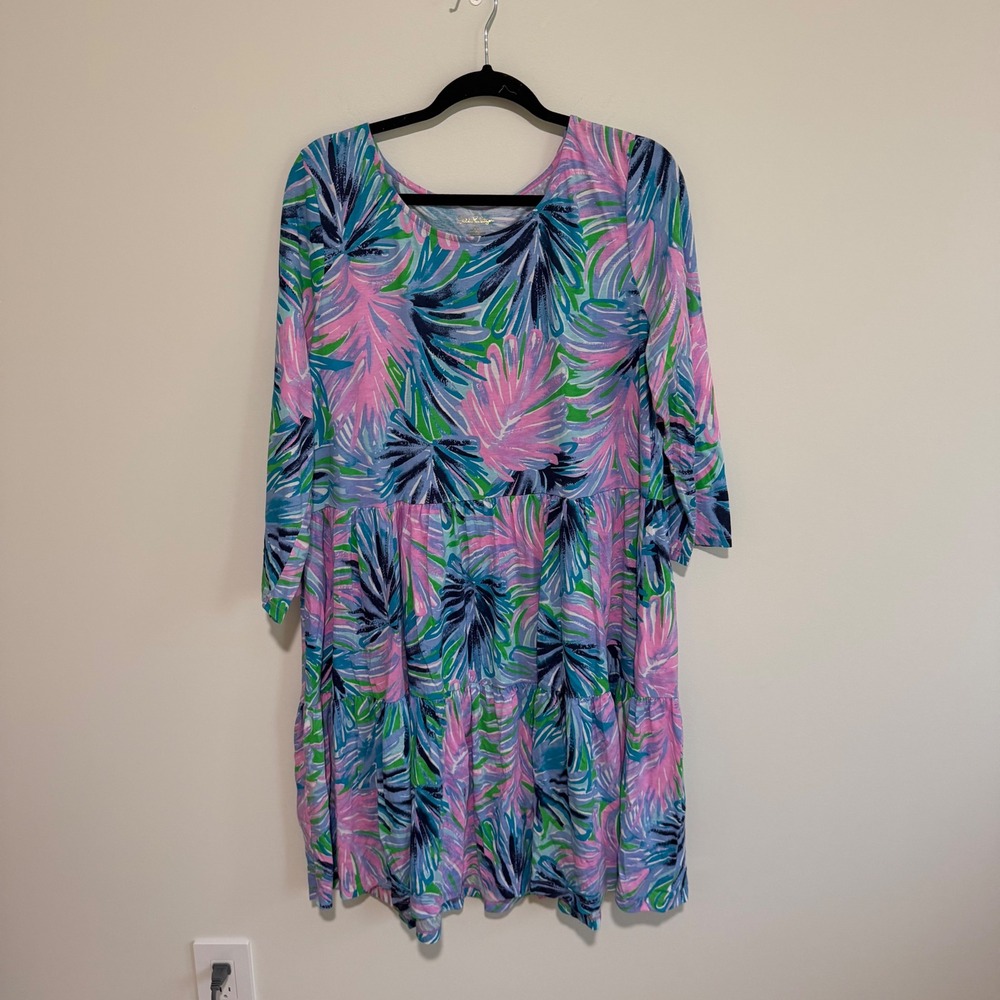 Lilly Pulitzer XXL Etta Tiered Dress Pink Blue Palm Print 100% Cotton